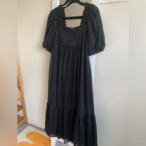 Black Square Neck Puff Sleeve Chiffon Midi Dress